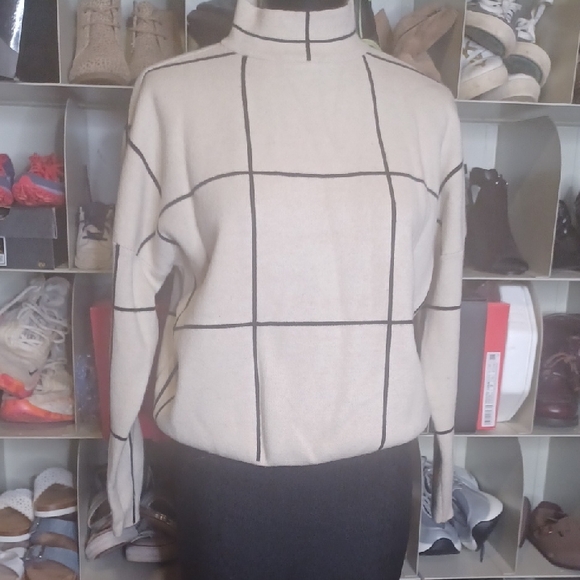 Anna Cai Sweaters - < Modern Cream and Black Cowl Neck Sweater with Geometric Design SIZE S